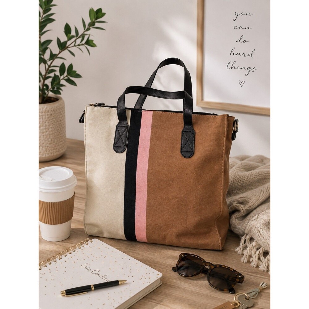 Erin Condren Colorblock Canvas Tote Bag Handbag Pink Tan Black